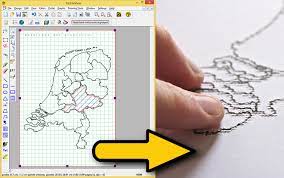 Two photos: one a screen in editing software showing a map. The other is the printed version of this map showing the raised dots and fingers touching the shapes made by the dots.