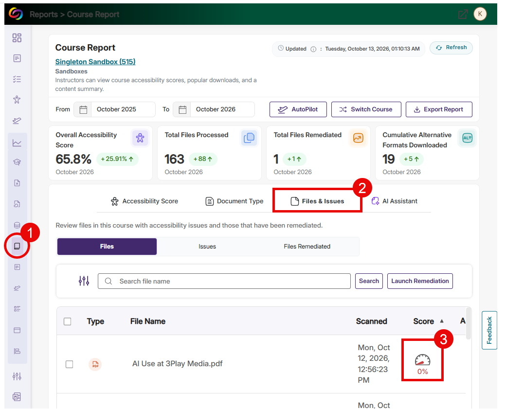 Open the course report to identify files with accessibility issues