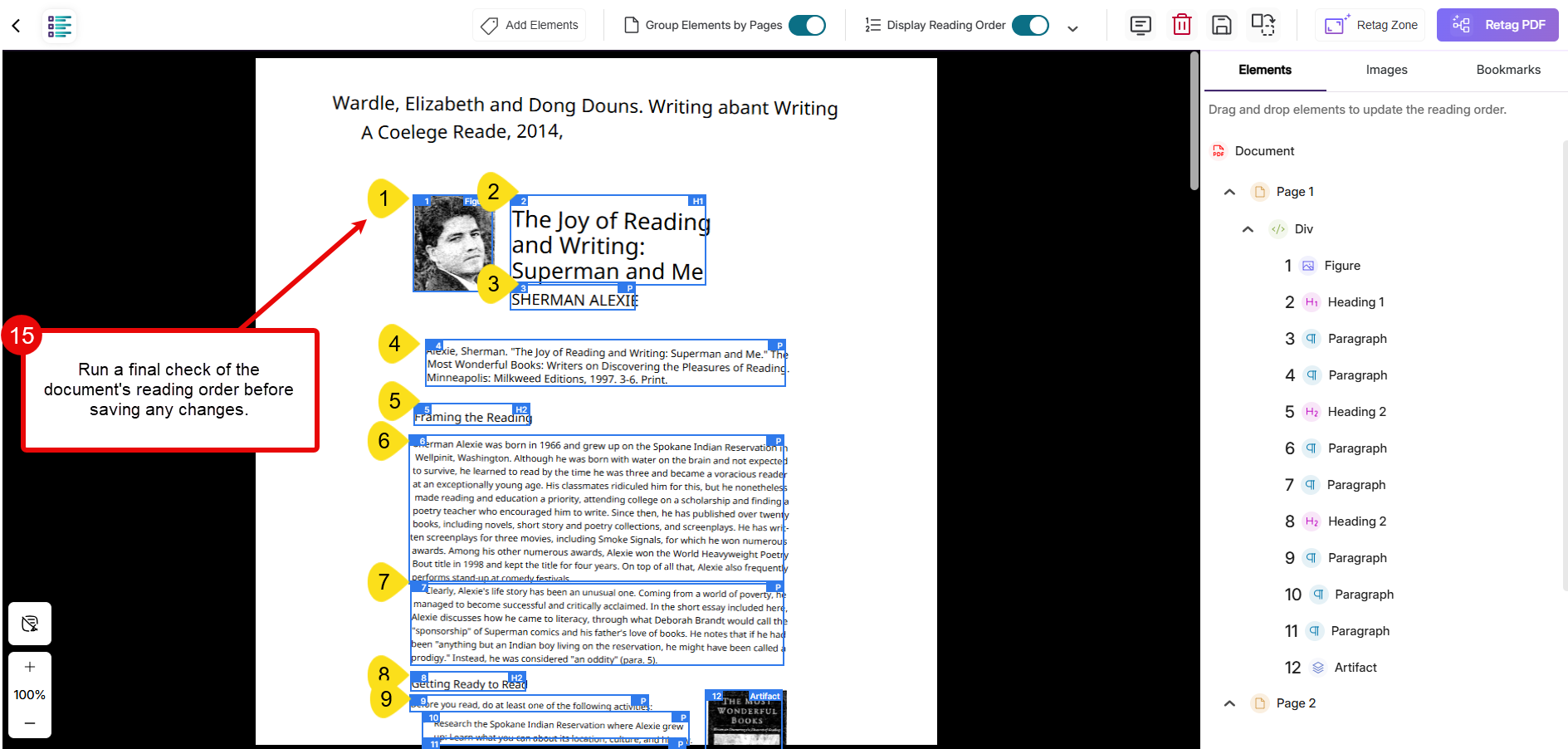 review the document's reading order before saving any changes