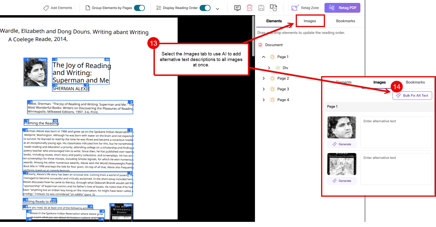 Select the Images tab to use AI to add alternative text descriptions to all images at once.