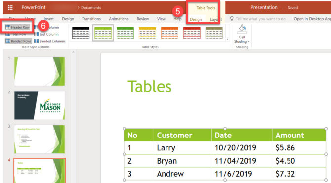 table tools and header row PowerPoint 365